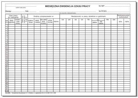 Druk Os 225c Miesięczna ewidencja czasu pracy A5 Hurtownia papiernicza AKSA