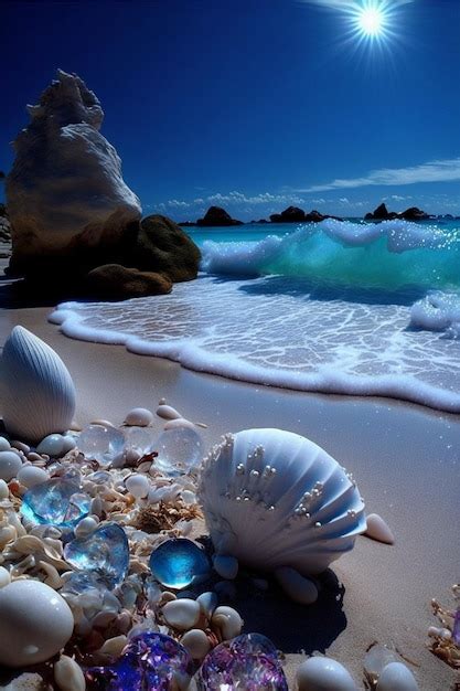 Grupo De Conchas Sentado Em Cima De Uma Praia Arenosa Generative Ai