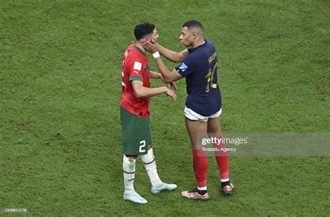 Kylian Mbappe Of France And Achraf Hakimi Of Morocco Greet Each Other