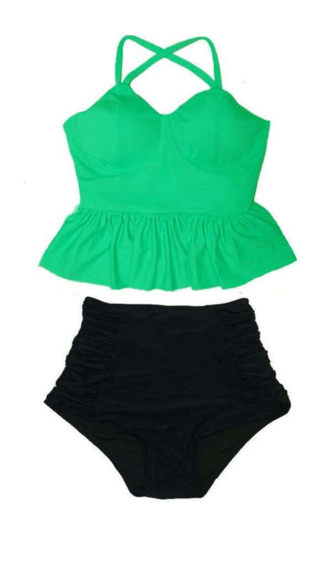 Stylish Mint Green Peplum Tankini Swimsuit