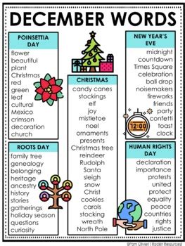 December Word Lists by Rockin Resources | Teachers Pay Teachers