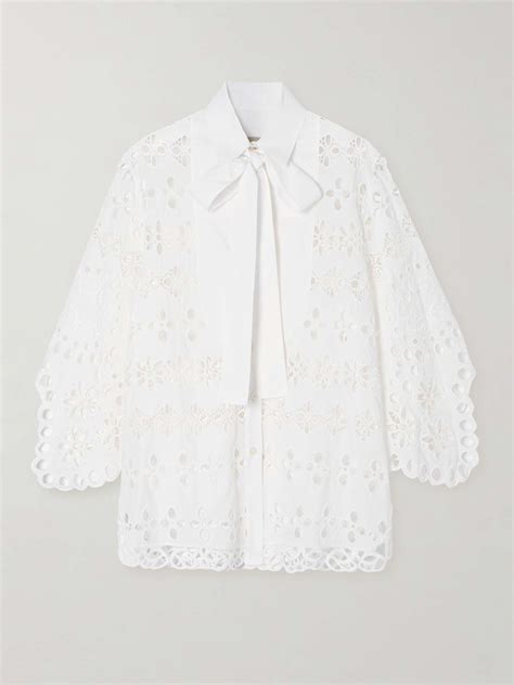 Elie Saab Pussy Bow Broderie Anglaise And Poplin Shirt Net A Porter