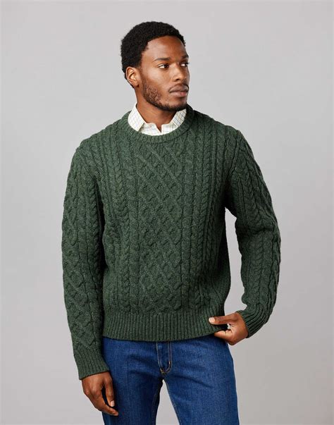 Aran Crew Neck Jumper Dark Green