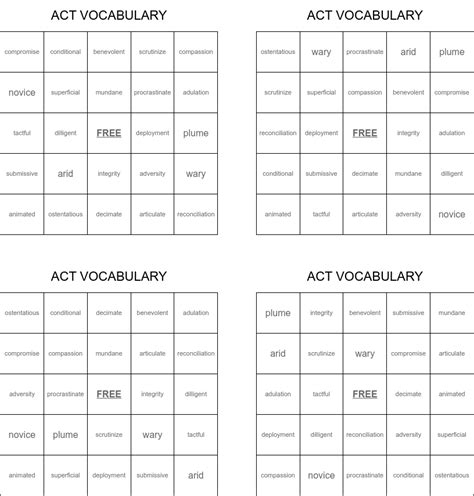 Act Vocabulary Bingo Cards Wordmint