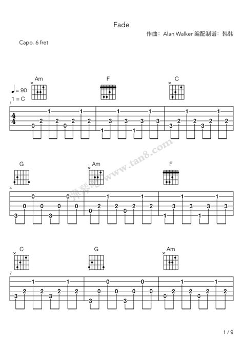 《faded（fade F 调吉他谱）》 Alan Walker（六线谱 吉他谱） 弹琴吧 原蛐蛐钢琴网 ，吉他入门，钢琴入门，优质吉他谱