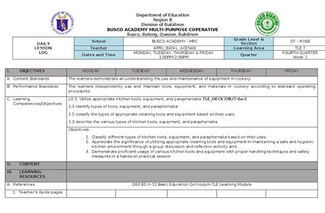 TLE 7 Q3 WEEK 8 DLL 093959 Department Of Education Region X Division