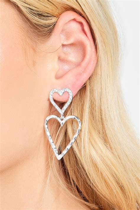 Silver Tone Diamante Heart Drop Earrings Yours Clothing