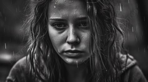 Young Female Crying In The Rain Background Sad Black And White