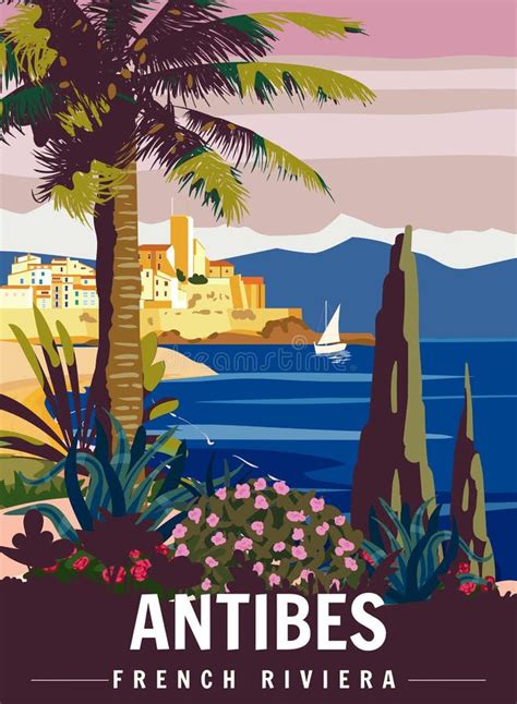 Antibes French Riviera Retro Poster Tropical Coast Scenic View Palm