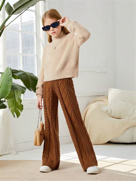 SHEIN Tween Girl Solid Cable Knit Sweater Pants SHEIN USA