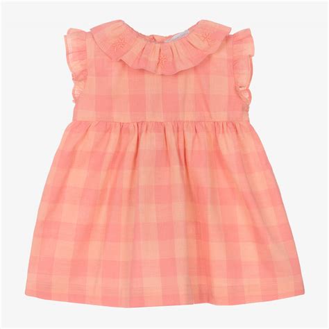 Laranjinha Girls Coral Pink Checked Cotton Dress Childrensalon Outlet