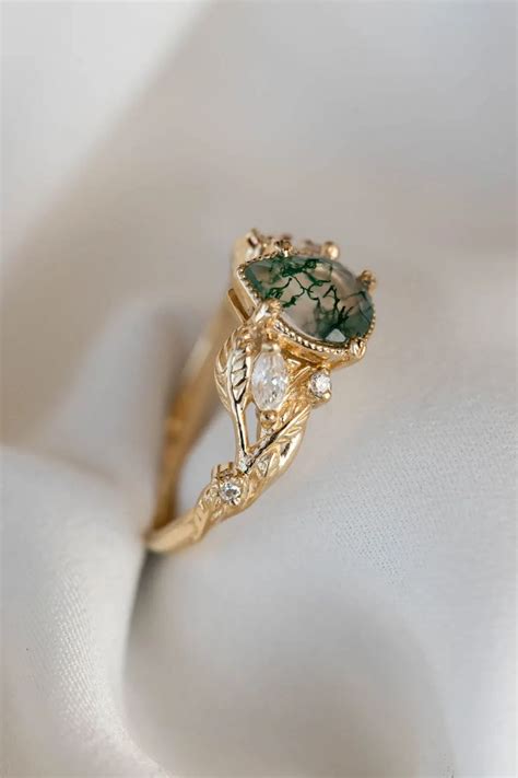 Pear Moss Agate Engagement Ring With Diamonds Gold Leaf Branch