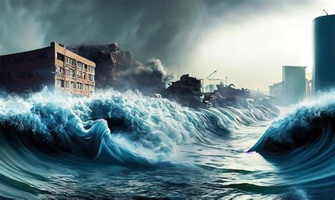 Premium AI Image | Tsunami wave apocalyptic water view urban flood Storm