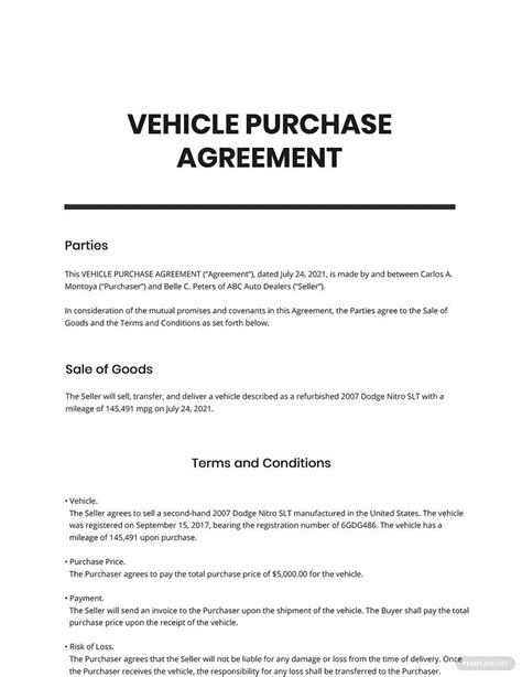 Vehicle Purchase Agreement Template Google Docs Word Apple Pages