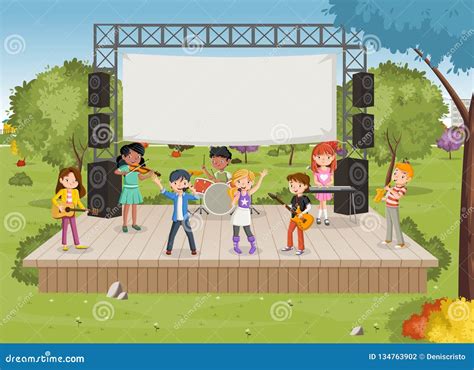 Band with Cartoon Children Playing Music on Stage in the Park Stock ...