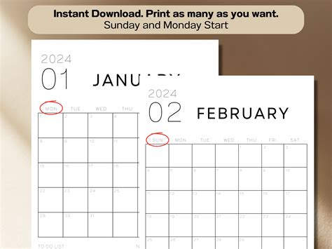 Printable Calendar 2024 Portrait Calendar Sunday And Monday Start