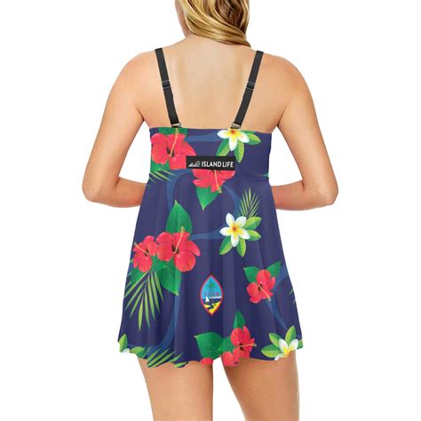 Guam Flag Flowers Chest Pleat 2 Piece Swim Dress Island Life