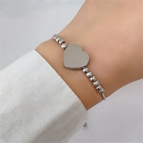 Pulsera Bolitas Y Corazón Ajustable Acero Quirúrgico Joyas GABENA