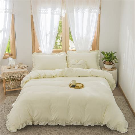 Move Over Pale Yellow Ruffle Duvet Cover Set Twin Soft Farmhouse Pattern Beige Ruffled Bedding