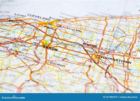 Akron City Road Map Area Closeup Macro View Editorial Stock Image