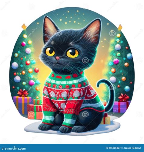 Black Kitten On The Background Of Christmas Trees Round Graphics Stock