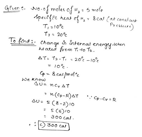 Calculate Change In Internal Energy When Mole Of Hydrogen Is Heated