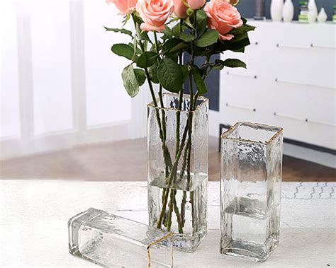 Square Clear Glass Vase Modern Glass Vase With Gold Trim