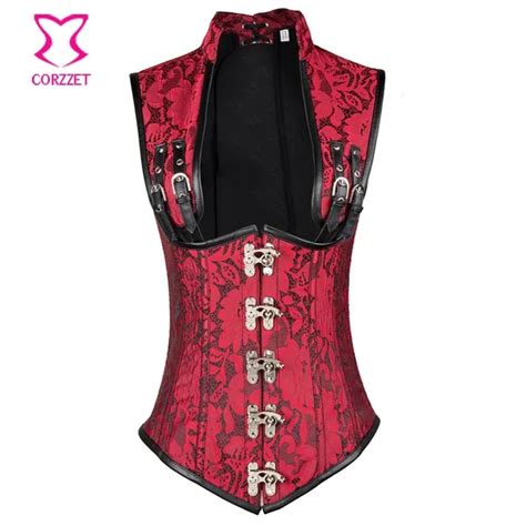 Red Brocade Collared Underbust Vest Corset Sexy Steampunk Costume Vintage Corsets And Bustiers