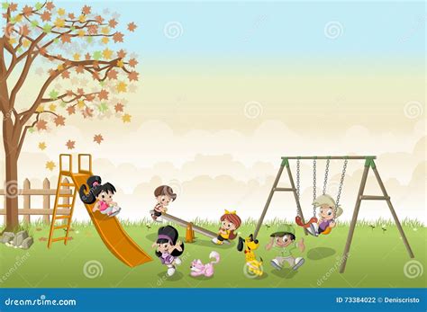 Cute Happy Cartoon Kids Playing In Playground Vector Illustration ...