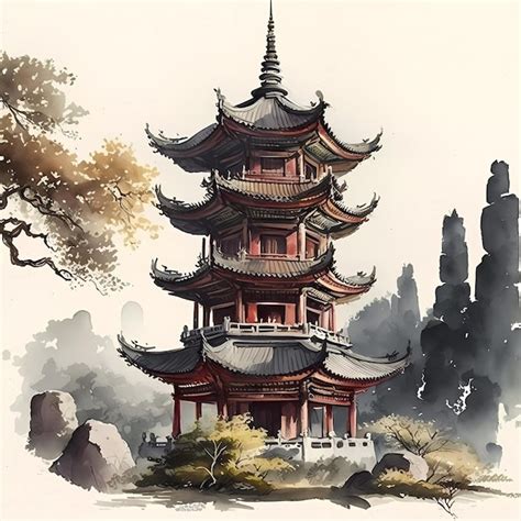 Premium AI Image A Painting Of A Chinese Pagoda With A Tree In The