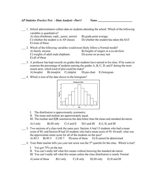 Ap Stats Unit 1 Practice Test Ap Statistics Practice Test Data