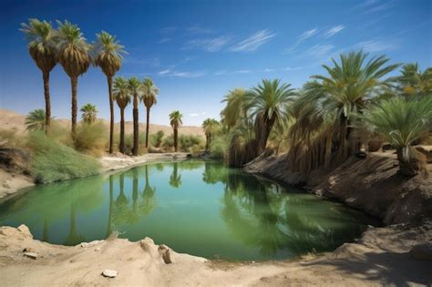 Premium Photo Desert Mirage Of Lush Oasis With Palm Trees And Clear