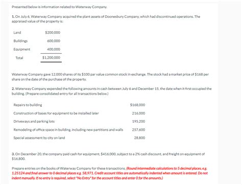 Solved Presented Below Is Information Related To Waterway Chegg