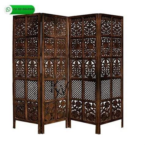 Brown Teak Wood Wooden Reticulated Antique Partition 4 Panels