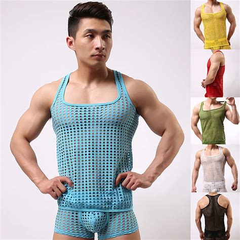 Sexy Men Tank Top Brand Big Mesh See Through Tops Clothing Sleeveless Gay Sheer Tank Tops Casual