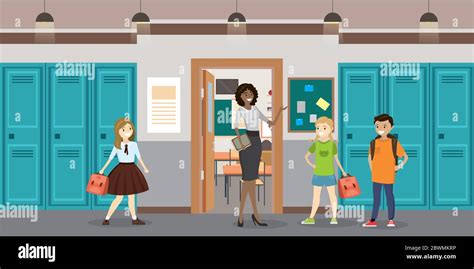 Cartoon Teacher and students in the school hall,school interior, flat ...