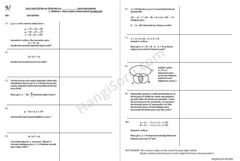 9 Sınıf Matematik 1 Dönem 1 Yazılı Soruları 2023 2024 Hangisoru