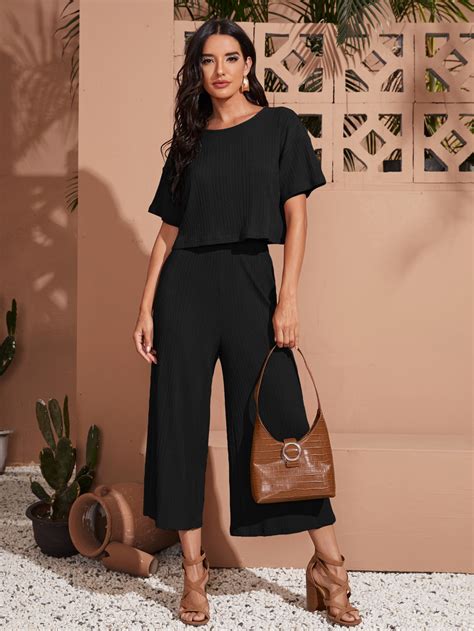 Shein Lune Drop Shoulder Crop Tee And Wide Leg Pants Set Shein Usa