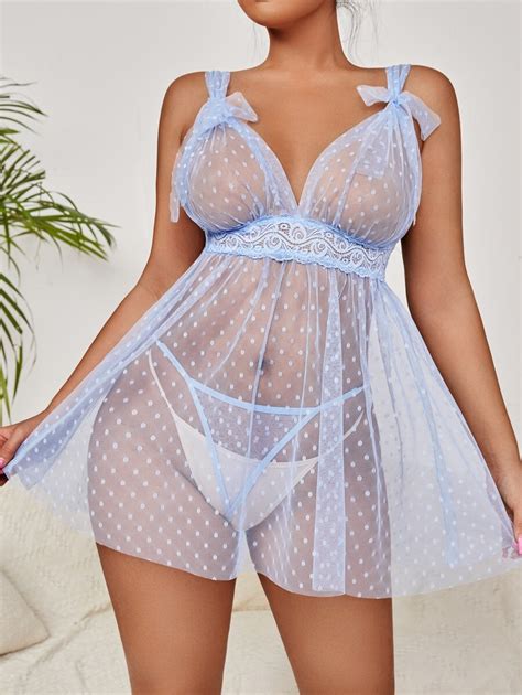 SHEIN Lace Panel Polka Dot Sheer Mesh Sexy Lingerie With Panty SHEIN USA