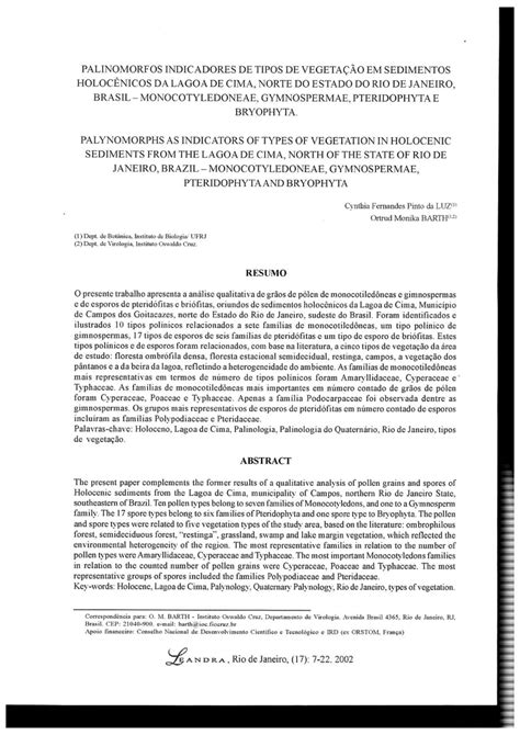 PDF Palinomorfos indicadores de tipos de vegetação em sedimentos