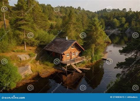 Log Cabin with Lake View, Surrounded by Nature Stock Illustration ...