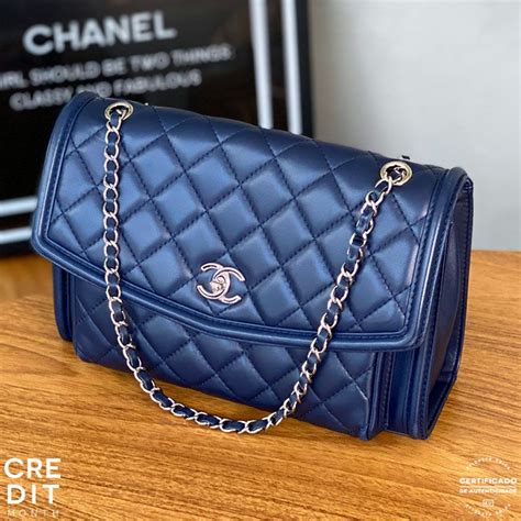 Chanel Bolsas De Ombro Aba Azul Couro De Bezerro Original