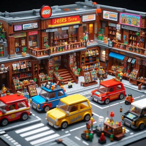 A Toy Town With Cars Trucks And People On The Street In Front Of Stores