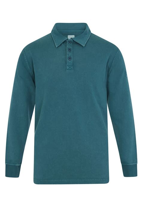 Mens Long Sleeved Polo Shirt Teal Blue Heavyweight Cotton Arthur