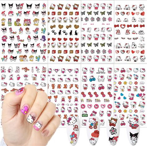 Hello Kitty Nail Art Stickers 8 Sheets Kawaii Cartoon Nail Stickers 3d Self