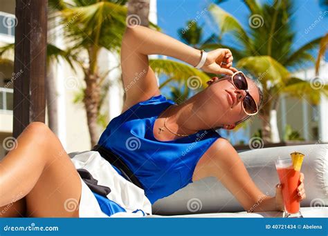 Happy Brunette Woman On Vacation Stock Photo Image Of Female Island