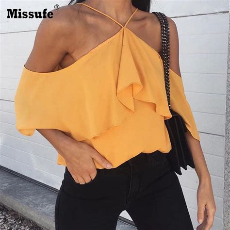 Missufe Halter Sexy Fora Do Ombro Camisas Blusa Mulheres Babados Tops