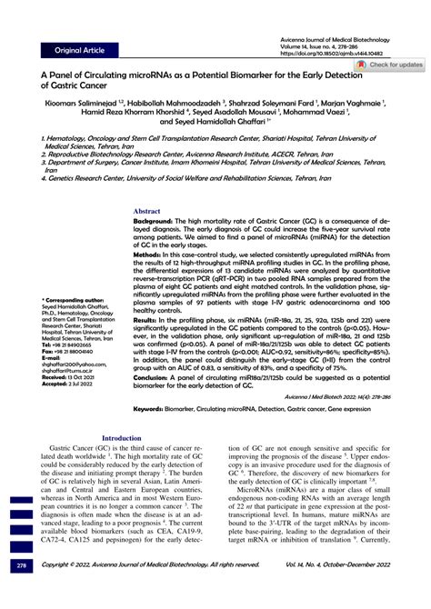 Pdf A Panel Of Circulating Micrornas As A Potential Biomarker For The