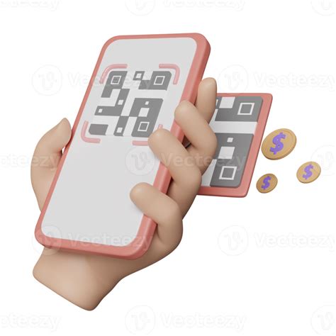 D Hand Holding Mobile Phone Smartphone With Qr Code Scanner Coins