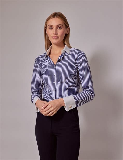 Women S Executive Blue White Fine Stripe Fitted Shirt White Collar